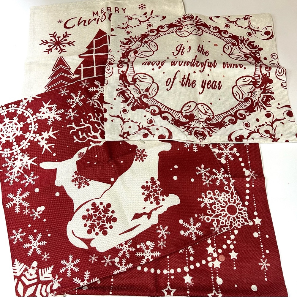 NEW Lot Of 4 17x17 Christmas Throw Pillow Cases Red White Tree Reindeer #3058